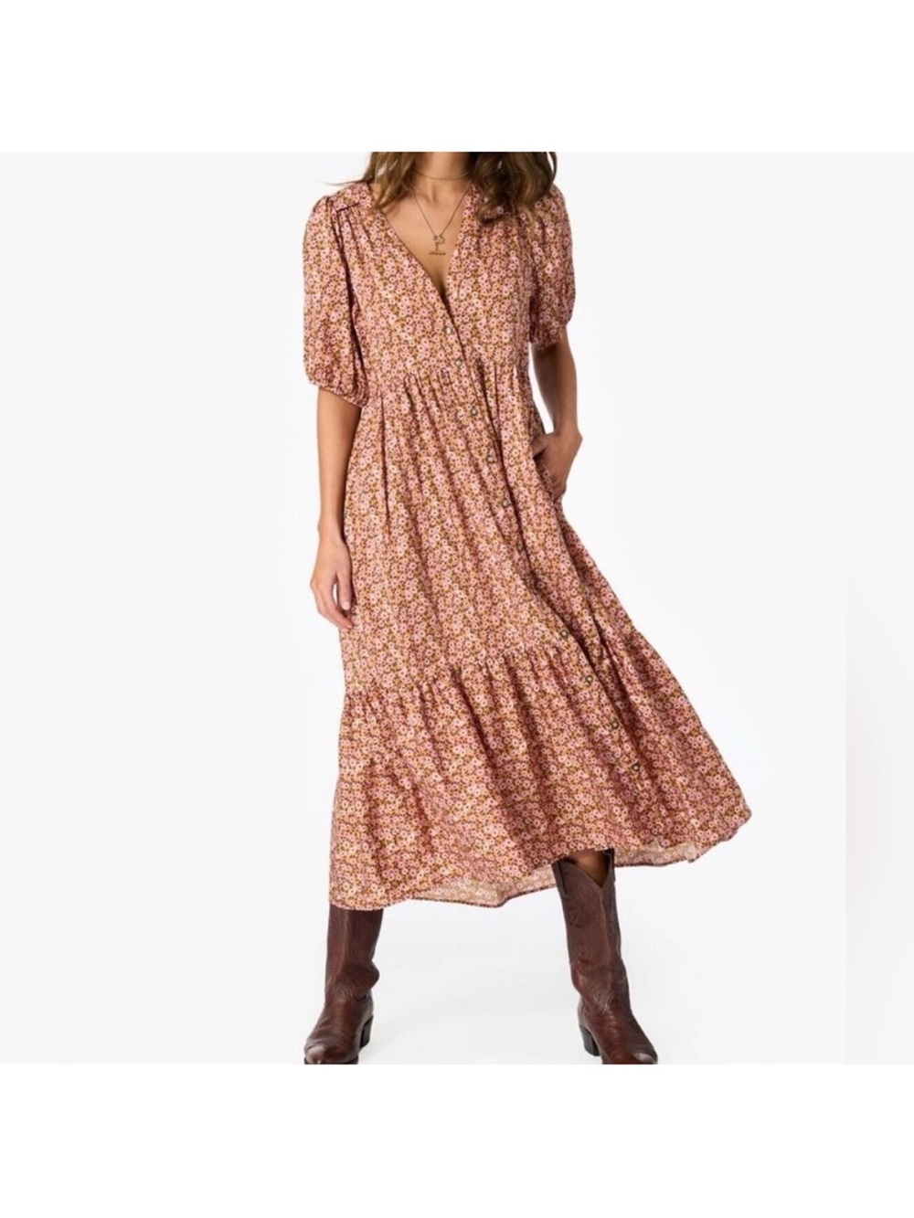 XIRENA Lennox Dress Honeysuckle Puff Sleeve Button Front Midi Brown Sz S - Picture 14 of 15